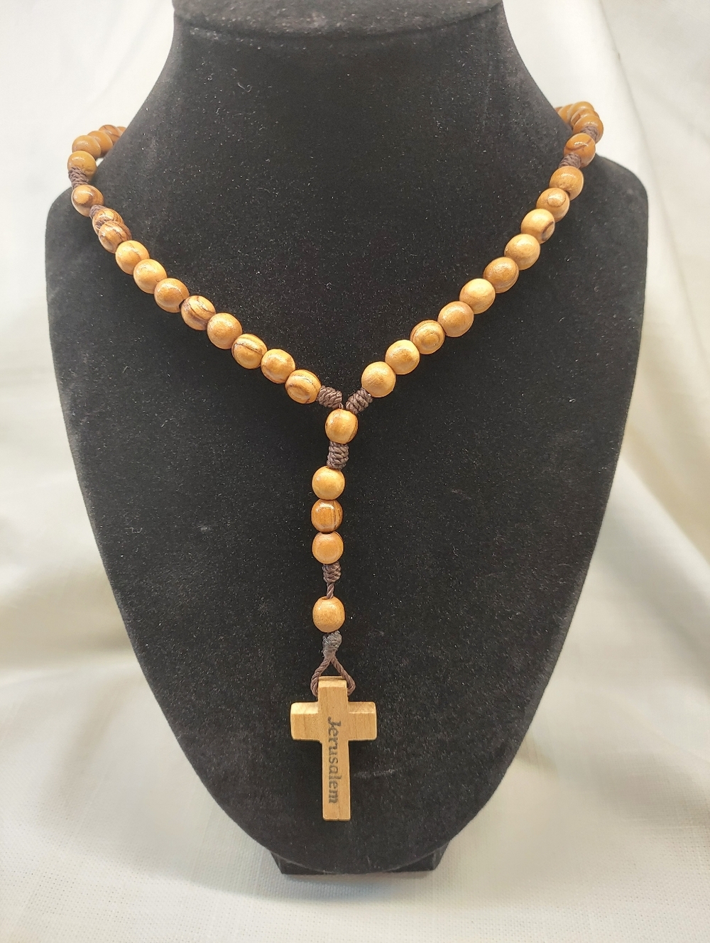Olive Wood Bead Cross Rosary  - Jerusalem  - Natural Brown 13"  Vintage Handmade